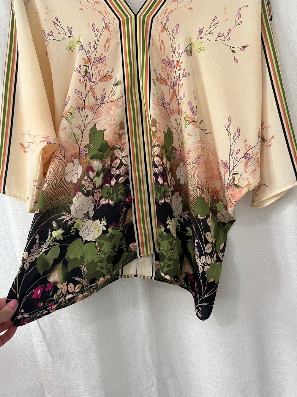 Rose & Olive Cream Floral Kimono Top with Green and Black Accents - Picture 3 of 7